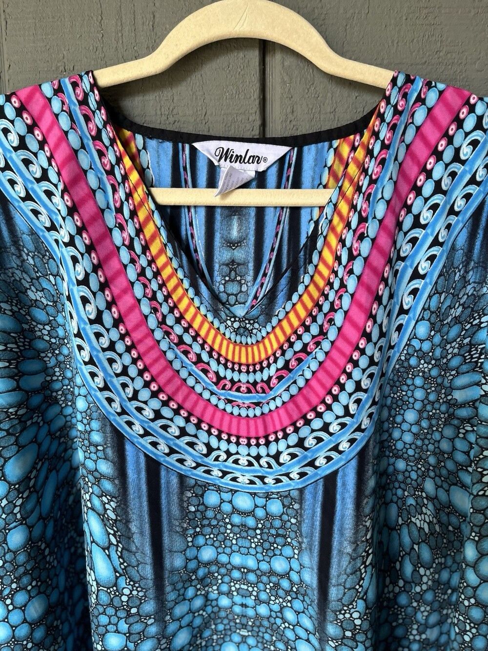 VTG Winlar Kaftan Dress Mumu Roper Romp Blue/Pink/Black Floral/Tribal Print - Picture 3 of 8